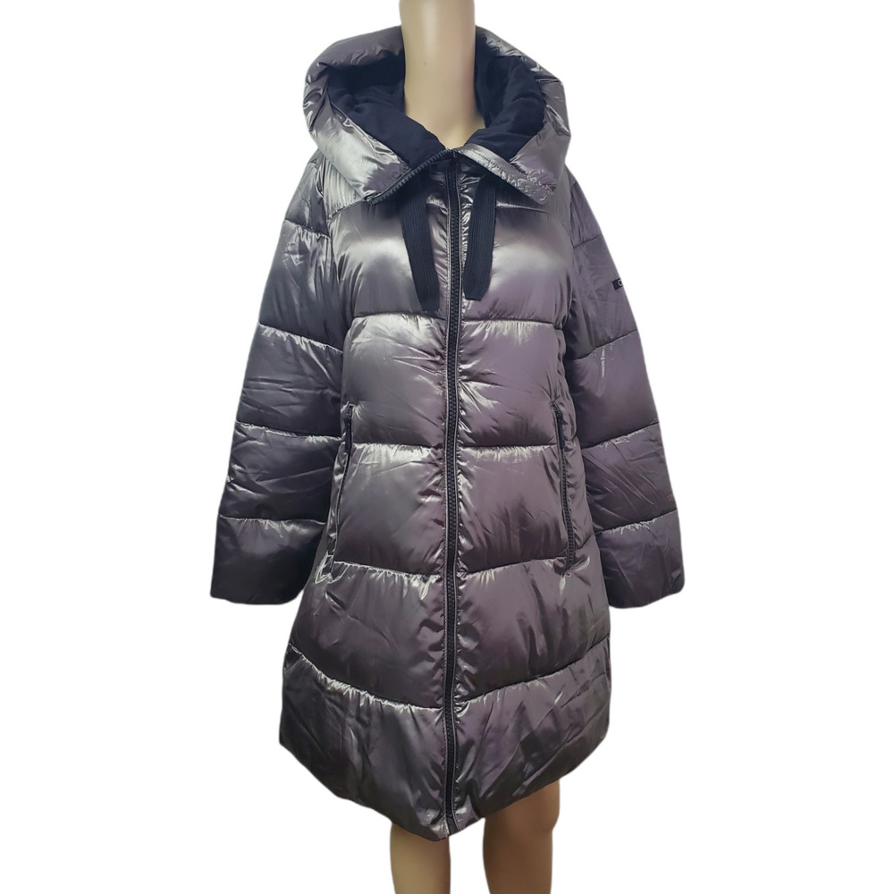 Calvin Klein Women Hooded Stand Up Collar  Zip-Front Puffer Coat Grey Medium